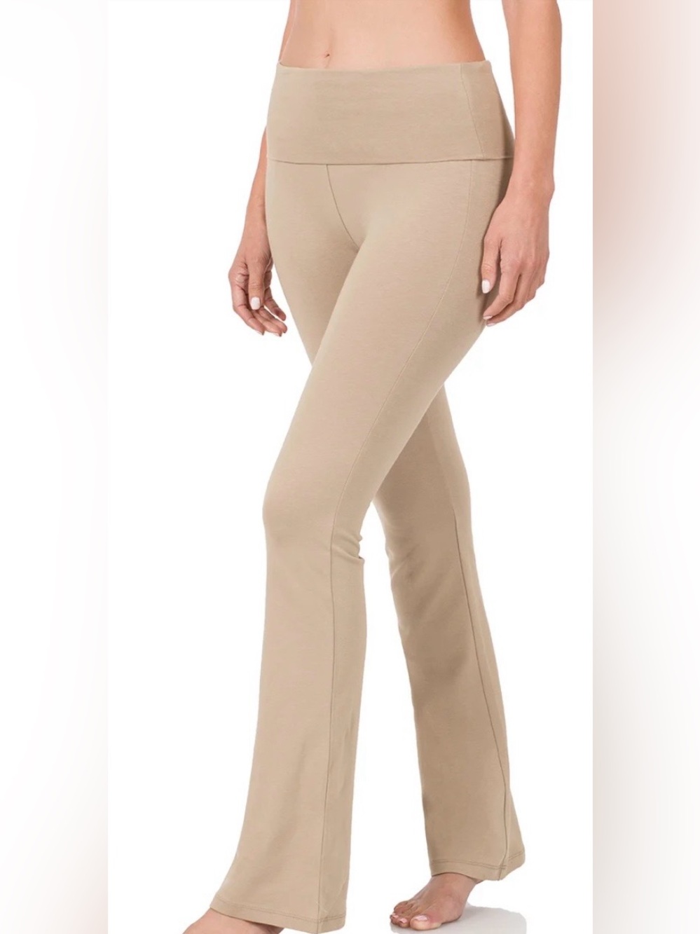 ZENANA COTTON ROLL WAIST FLARE CUT PULL ON PANTS. COLOR: ASH MOCHA. LARGE.